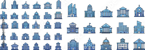 Comprehensive collection of blue flat vector building icons including government offices skyscrapers museums churches and educational institutions for urban planning city maps 