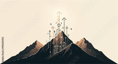 Mountain peaks rise with digital growth charts signifying business success levels.
