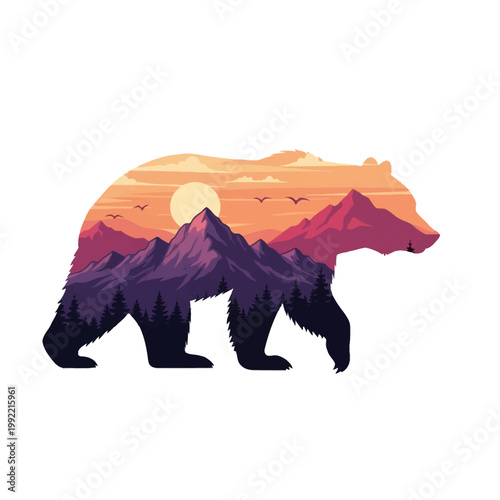 Silhouette of a grizzly bear containing a double exposure landscape with purple mountains, pine tree forest, and a setting sun in an orange sky, isolated on white background.