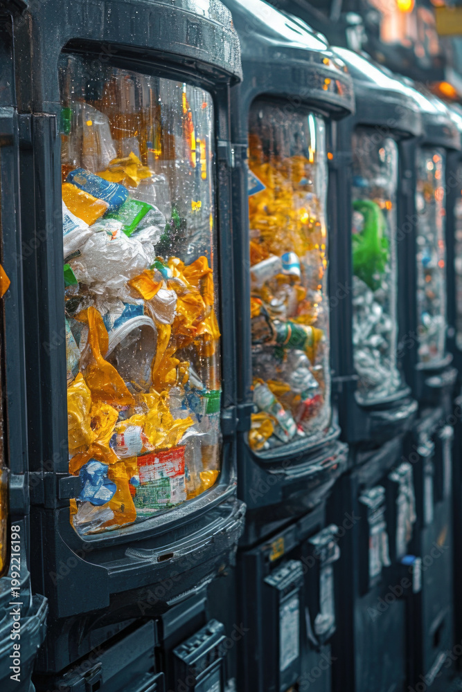Obraz premium Row of vending machines on a city street, urban setting vertical frame
