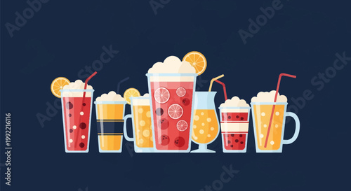 Flat vector illustration of various colorful cold beverages in different glassware styles featuring orange slices, straws, and foam toppings isolated on a dark blue background.