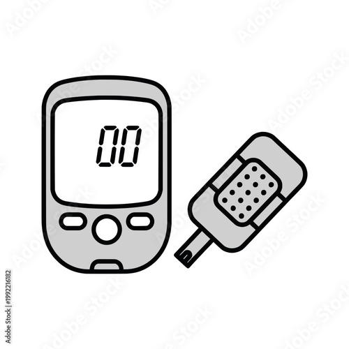 Blood glucose monitor with test strip icon, diabetes screening device and sugar level tracking kit, medical diagnostic tool for healthcare line art vector.