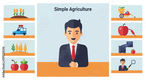 Flat vector illustration of a businessman in a suit surrounded by icons representing simple agriculture, including wheat crops, farm machinery, fruit, and quality control symbols.