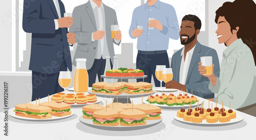 Vector illustration of diverse business professionals networking at a corporate event featuring a catering spread of sandwiches, finger foods, and drinks in a modern office.