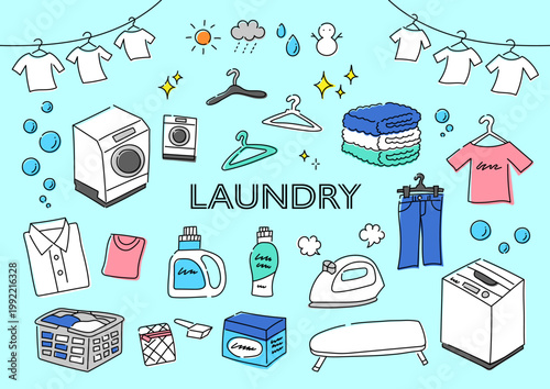 洗濯に関係するものの手描きイラストセット