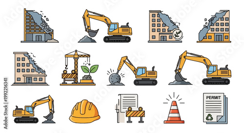 Vector icons of demolition and construction equipment featuring yellow excavators, partially destroyed buildings, wrecking ball, safety helmet, traffic cone, and permit documents.
