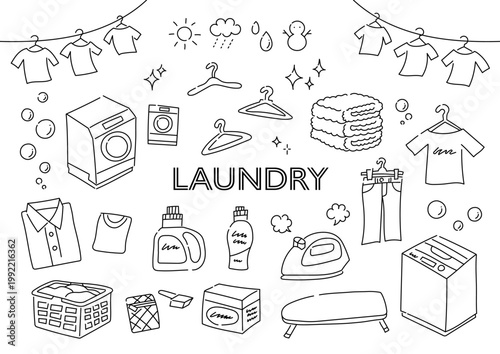 洗濯に関係するものの手描きイラストセット