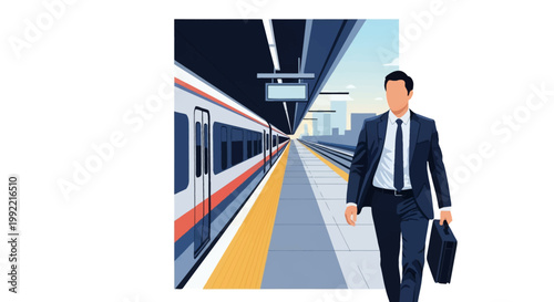 Professional businessman in a navy suit and tie carrying a briefcase walks along a railway platform next to a modern high-speed train with a city skyline in the background.
