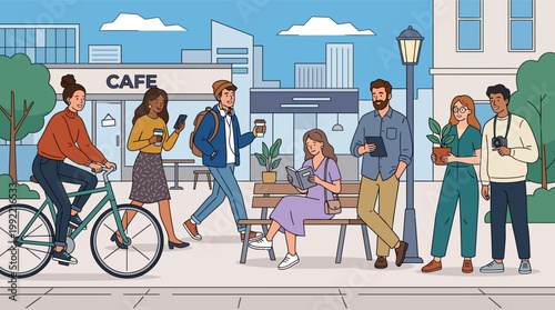 Diverse young people walking and relaxing on a trendy city street modern lifestyle illustration