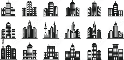 Vector collection of black skyscraper silhouettes and modern office building icons for urban city skyline architectural design corporate infographics and real estate marketing projects
