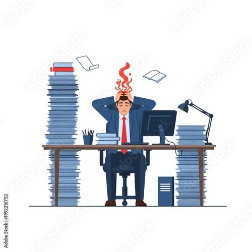 Flat design illustration of a stressed businessman sitting at an office desk surrounded by massive stacks of paper folders, depicting burnout with red flames rising from his head.