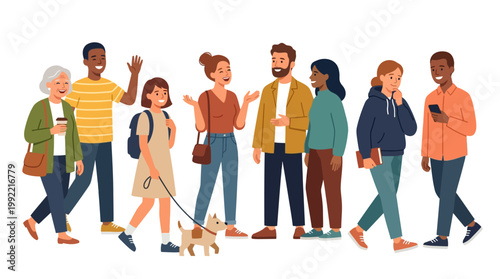 Multicultural community members talking and walking in a modern flat design vector illustration