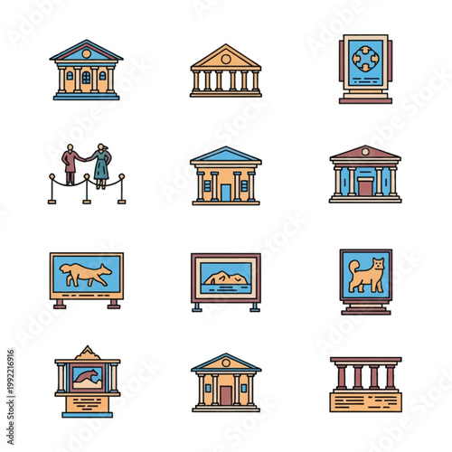 Set of museum and art gallery vector linear icons featuring neoclassical buildings with columns, framed paintings of landscapes and animals, museum exhibition posters, and visitor figures.
