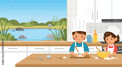 Two young children dressed as chefs are joyfully baking in a bright kitchen with a large window overlooking a scenic pond and lush greenery.