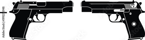 Quadro su tela Handgun Silhouette Pair Vector Illustration Featuring Semi Automatic Pistols in