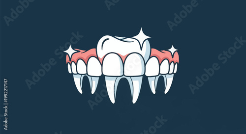 Stylized vector illustration of a human dental row featuring healthy white teeth and pink gums with sparkling accents, showing anatomical roots on a dark navy blue background.