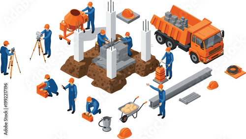 Construction Workers and Building Site Vector Illustration Featuring Engineers Builders Concrete Mixer Truck and Equipment for Industrial Development and Architecture Design