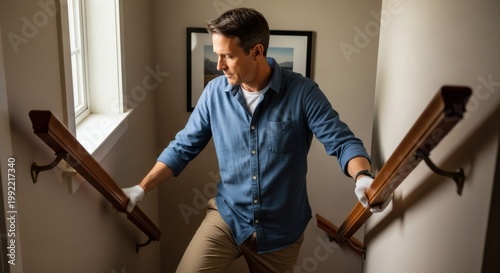 A man installing wooden handrails on a staircase in a home