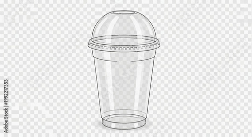 Empty transparent plastic disposable cold drink cup with clear dome lid, vector line art illustration for smoothie, milkshake or iced coffee packaging, isolated on checkered background.