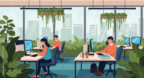 Modern biophilic office illustration with diverse employees working at computer workstations surrounded by lush green hanging plants and a panoramic city skyline view.