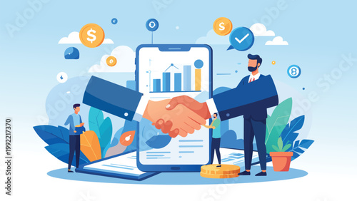 Business partners shaking hands on smartphone agreement