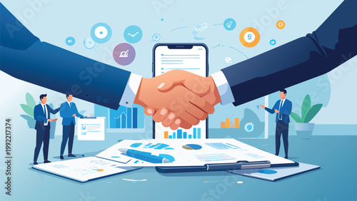 Global business deal handshake finalizing digital agreement