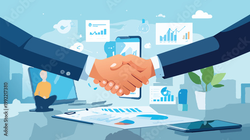 Handshake sealing business deal with corporate data