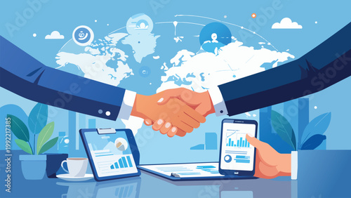 Business people shaking hands global partnership agreement