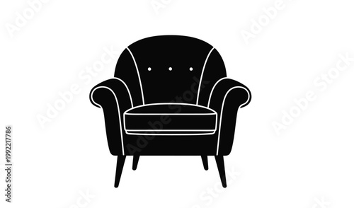 Elegant black silhouette armchair with tufted backrest and rolled arms, isolated on white background, modern furniture design.
