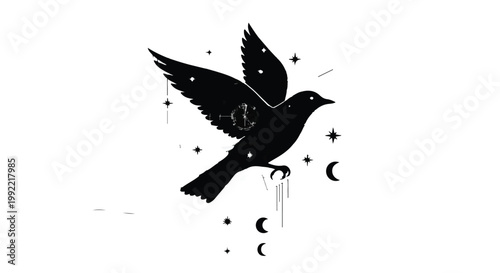 Bird illustration features celestial elements like stars and crescent moons.