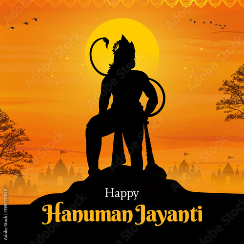 Happy Hanuman Jayanti greeting card with Lord Hanuman silhouette, temple skyline, and spiritual sunset theme