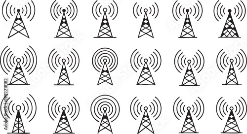 antenna vector set telecom network signal glyphs in rows and cols