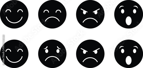 Diverse emotions vector icon set hand drawn faces expressing happiness sadness anger and surprise for ui ux design