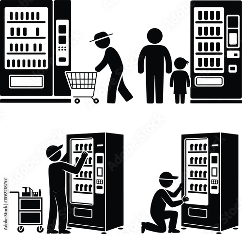 Everyday scenes of people interacting with vending machines and stocking supplies