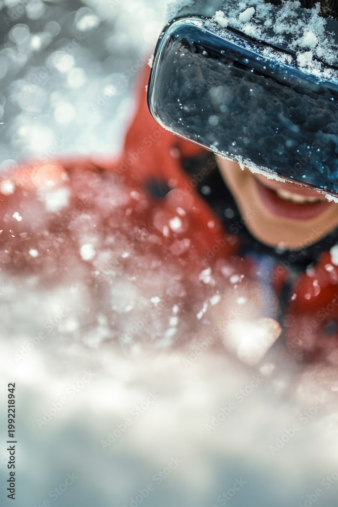 Fototapeta premium A person wears a bright red jacket and goggles, standing or sitting in a snowy landscape vertical frame