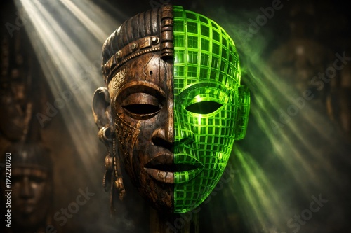 African tribal mask showing a transformation into a shimmering green digital grid, symbolizing the fusion of ancient culture with modern technology and data