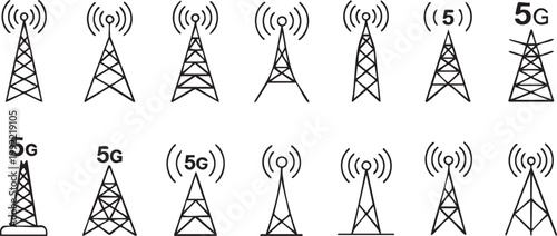 antenna signal icons transmitter tower vector badge 5g set