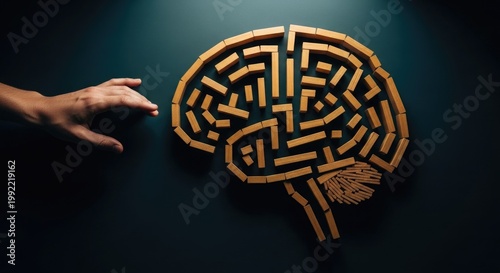 Human hand interacting with a wooden brain shaped maze symbolizing cognitive complexity