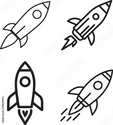 Rocket icon set illustrating startup launch concept and space exploration theme