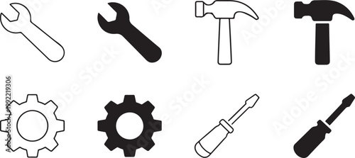 Minimalist repair tool icon set featuring black silhouettes and line art.
