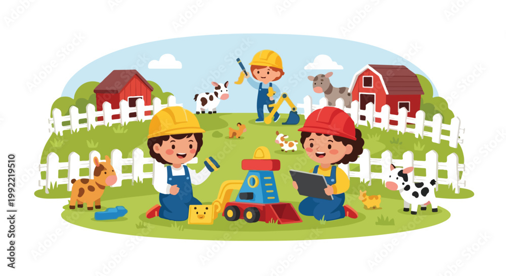 Obraz premium Children dressed as construction workers play with toy machinery and animals in a vibrant, cartoon-style farm setting with barns and fences.