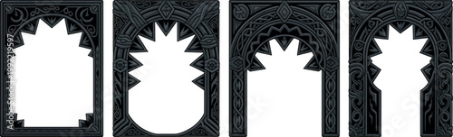 Gothic arch frame set with dark stone texture and ornate architectural details for fantasy game design vector illustration.