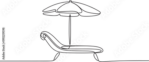 chaise longue with umbrella hand-drawn, continuous monoline.one line drawing vector illustration
