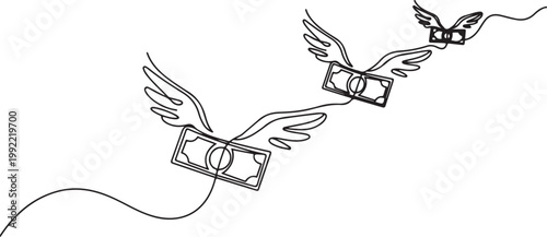 Continuous line design of flying winged money. Symbol of spending bills, loss of money, wastage.one line drawing vector illustration