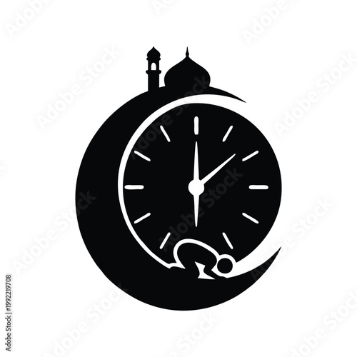 A clock face with a crescent moon and mosque silhouette shows time passing during Ramadan.