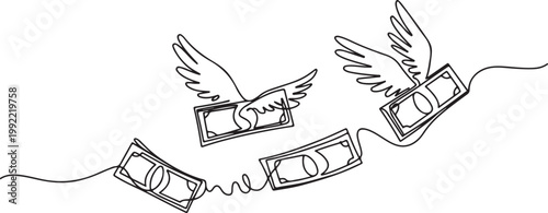 Continuous line design of flying winged money. Symbol of spending bills, loss of money, wastage.one line drawing vector illustration