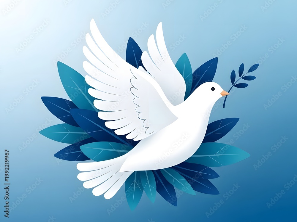 Obraz premium a white dove holding a leaf in its beak surrounded by blue leaves high quality professional detailed modern elegant stylish clean