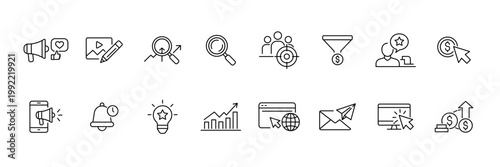 Digital marketing line icon set. Modern minimalist business icons with transparent backgrounds. Vector illustrations.