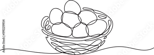 continuous line drawing of chicken eggs. one line drawing of chicken eggs in basket.one line drawing vector illustration