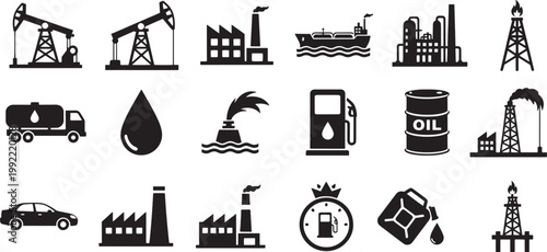 A collection of black and white icons representing the oil and gas industry.